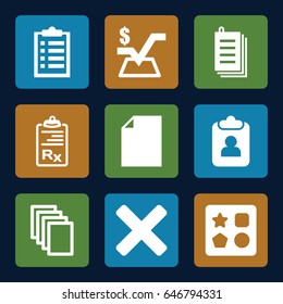 Form icons set. set of 9 form filled icons such as from toy for beach, paper, mathematical square, clipboard, cross