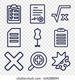 Form icons set. set of 9 form outline icons such as mannequin, signed document, zoom in, clipboard, cold and hote mode, cross, paper, square root