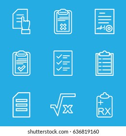 Form icons set. set of 9 form outline icons such as pointing on document, clipboard, signed document, checklist, paper