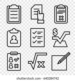 Form icons set. set of 9 form outline icons such as pointing on document, mathematical square, clipboard, paper and pen, checklist, square root