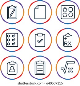Form icons set. set of 9 form outline icons such as from toy for beach, clipboard, checklist, square root