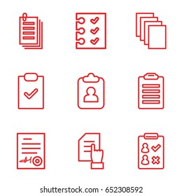 Form icons set. set of 9 form outline icons such as pointing on document, paper, checklist, signed document, check list