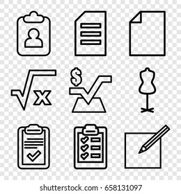 Form icons set. set of 9 form outline icons such as mannequin, mathematical square, clipboard, paper and pen, paper