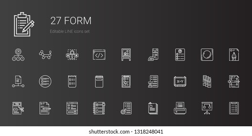 form icons set. Collection of form with bill, files, planning, checklist, wishlist, file, tax, board, notepad, invoice, list, task, clipboard. Editable and scalable form icons.