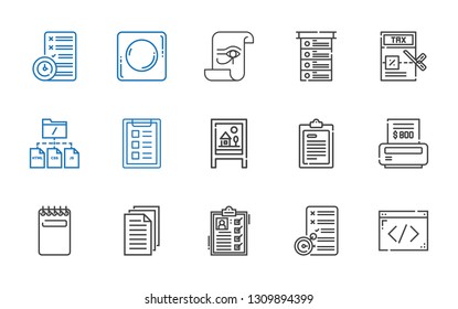form icons set. Collection of form with coding, planning, list, files, notepad, bill, test, board, task, file, tax, paper, record. Editable and scalable form icons.