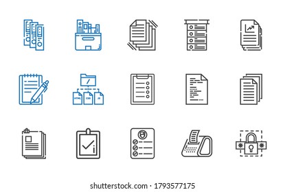 form icons set. Collection of form with password, receipt, task, correct, files, file, clipboard, notepad, list, binder. Editable and scalable form icons.