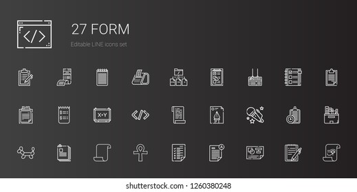 form icons set. Collection of form with planning, exam, tasks, cross, paper, files, balloon modelling, voice, file, coding, board, invoice, clipboard. Editable and scalable form icons.