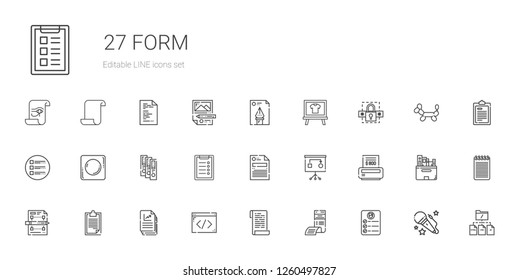 form icons set. Collection of form with task, bill, paper, coding, file, clipboard, planning, binder, record, list, password, board, voice, notepad. Editable and scalable form icons.