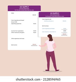 Form Income Statement and COGS in Accounting. Accounting, bookkeeping, audit debit and credit calculations. Merchandising Accounting. Colored flat vector illustration.