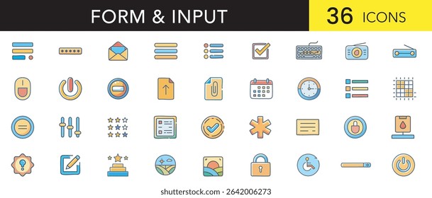 Form and Input flat color Icon Set – Minimal Outline Vector Icons of Fields, Controls, and User Interaction Elements