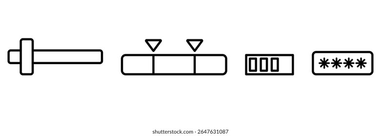 Form interface slider toggle input password selection dropdown progress bar UI UX interactive icons vector illustration set.