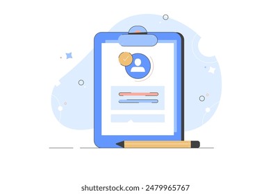 Form Job Application Vector. Business Document. Resume, Career. HR Human Resources Concept. Profile Photo. Pen. Top View. Hiring Employees. Flat Cartoon Illustration