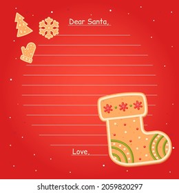 Form for Letter for Santa Claus. Christmas gingerbread in the form of Stocking. Sweet baking with white, green and red glaze. Holidays. Isolated vector stock illustration EPS 10 on white background.