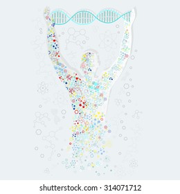 Form man with human DNA. Concept scientific. Research molecule, chemistry medical, biology technology, atom and gene medicine, biotechnology evolution, molecular structure, genetic spiral illustration