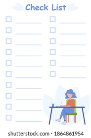 A form for marking completed tasks. Note. The girl at the table fills out a list of things to do. Fills in the check list.
