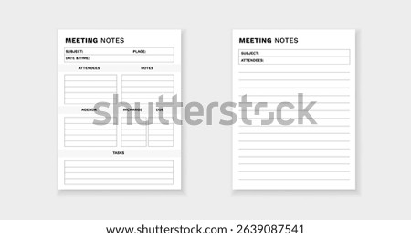 Form for meeting notes. includes sections for agenda, attendees, tasks, and important details.