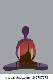 form of monk meditation in front of temple, vector file.