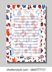 Form for notes and to-do list. Illustration - hats and mittens. Use scrapbooking, albums and diaries. Vector illustration. 
