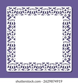 Form with openwork edge. Square sheet, certificate, blank for card, invitation, congratulations with floral pattern. Copy space, empty space for text. Template for plotter laser cutting of paper, cnc.
