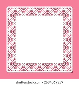 Form with openwork edge. Square sheet, certificate, blank for card, invitation, congratulations with abstract pattern. Copy space, empty space for text. Template for plotter laser cutting of paper.