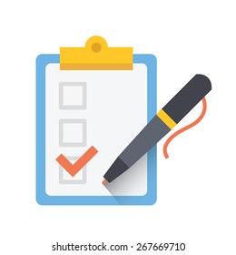  Form with pen and checklist icon. Vector illustration. Isolated on white background.