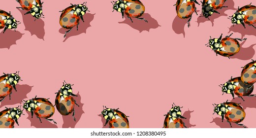 A form for a postcard with ladybugs. Empty space for text designer with colorful decoration. Vector.