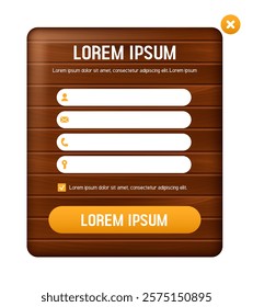 Form for registration or login. Shape with wooden texture. Vector 3D clipart.