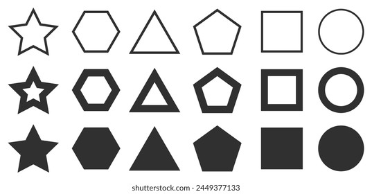 Form set from thin to thick line, set of different geometric shapes form, circle figure elements, frames and borders, star triangle square pentagon hexagon icons collection