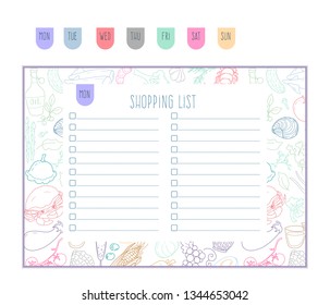 Form "shopping List" with the design pattern of food and markup for notes. Template for printing notebooks. Vertical. Vector