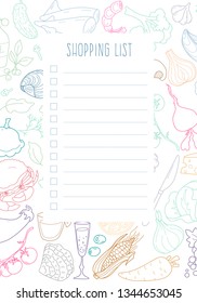Form "shopping List" with the design pattern of food and markup for notes. Template for printing notebooks. Vector