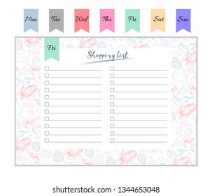 Form "shopping List" with the design pattern of food and markup for notes. Template for printing notebooks. Tabbed days of the week. Vector