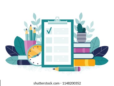 The form for the survey. Questioning. Vector illustration. Checklist and piles of books.