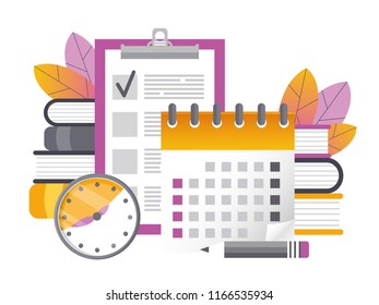 The form for the survey. Questioning. Vector illustration. Calendar, checklist, daily schedule, pencils. Planning. Select a date. Time management