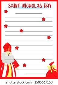 A form or template for a letter by St. Nicholas with a miter, a pastoral staff and falling snow. European winter tradition. , Flat design, vector illustration