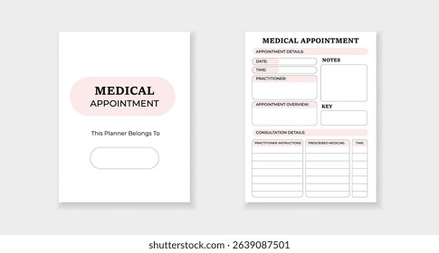 Form template for organizing medical appointments with sections for details, notes, and prescriptions.