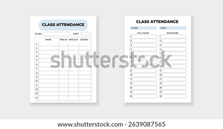 Form template for recording class attendance, with columns for names and signatures for tracking attendance.