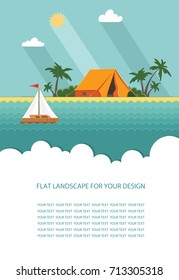 Form, template for text. Summer camp. Landscape yellow tent, forest. Sport, camping, adventures in nature, vacation, and tourism vector illustration web page