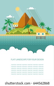 Form for text, Flyer. Summer paradise ocean landscape. A beautiful island with huts in the sea. Vacation with a holiday in the tropics. Flat vector illustration