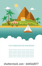 Form for text, Flyer. Summer paradise ocean landscape. A beautiful island with huts in the sea. House on the beach. Vacation with a holiday in the tropics. Flat vector illustration