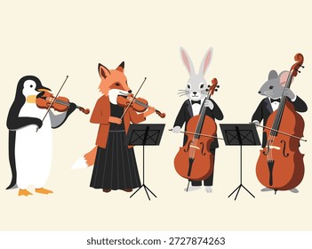 formal animal string quartet. A penguin, fox, rabbit, and mouse play violins, cello, and double bass against a neutral background
