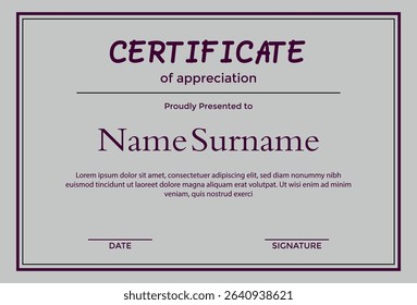 Formal appreciation certificate template with signature space
