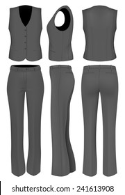 Formal black trousers suit for women (trousers and waistcoat). Vector illustration.