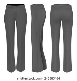 Formal black trousers for women (front, back and side views). Vector illustration.
