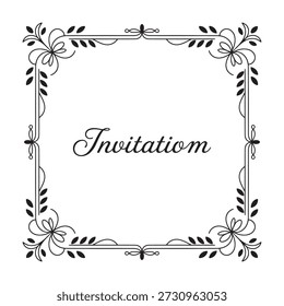 A formal black vector illustration of a square frame with elegant floral accents and 'Invitation' text, perfect for sophisticated event invitations and stationery.
