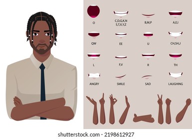 Carácter formal del trabajador negro Carácter grosera animación lupa-sincronización y gestos de mano premium Vector