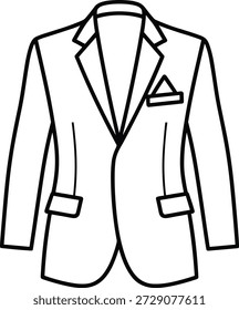 Formal men’s blazer outline vector illustration, black and white line drawing, classic suit jacket design template, fashion sketch for garment design