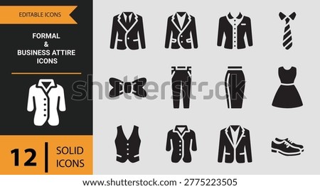 Formal and business attire solid icons set featuring professional clothing office wear ideal for corporate branding and business design