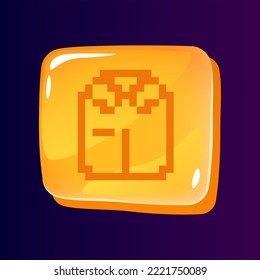 Formal clothes glossy ui button with pixelated icon. Fashion store. Editable 8bit graphic element on shiny square shape. Isolated vector user interface image for web, mobile. Retro style game design