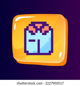 Formal clothes glossy ui button with pixelated color icon. Fashion store online. Shopping. Editable 8bit graphic element on shiny glass rectangle shape. Isolated image for arcade, video game design