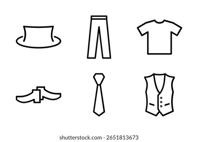Um conjunto de ícones de roupas formais incluindo camisa, gravata, colete, calças, sapatos e chapéu. Ótimo para negócios, casamentos ou elementos de design relacionados ao guarda-roupa.